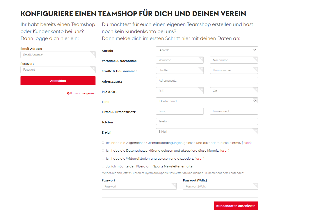 Teamshops erstellen - Anmeldung