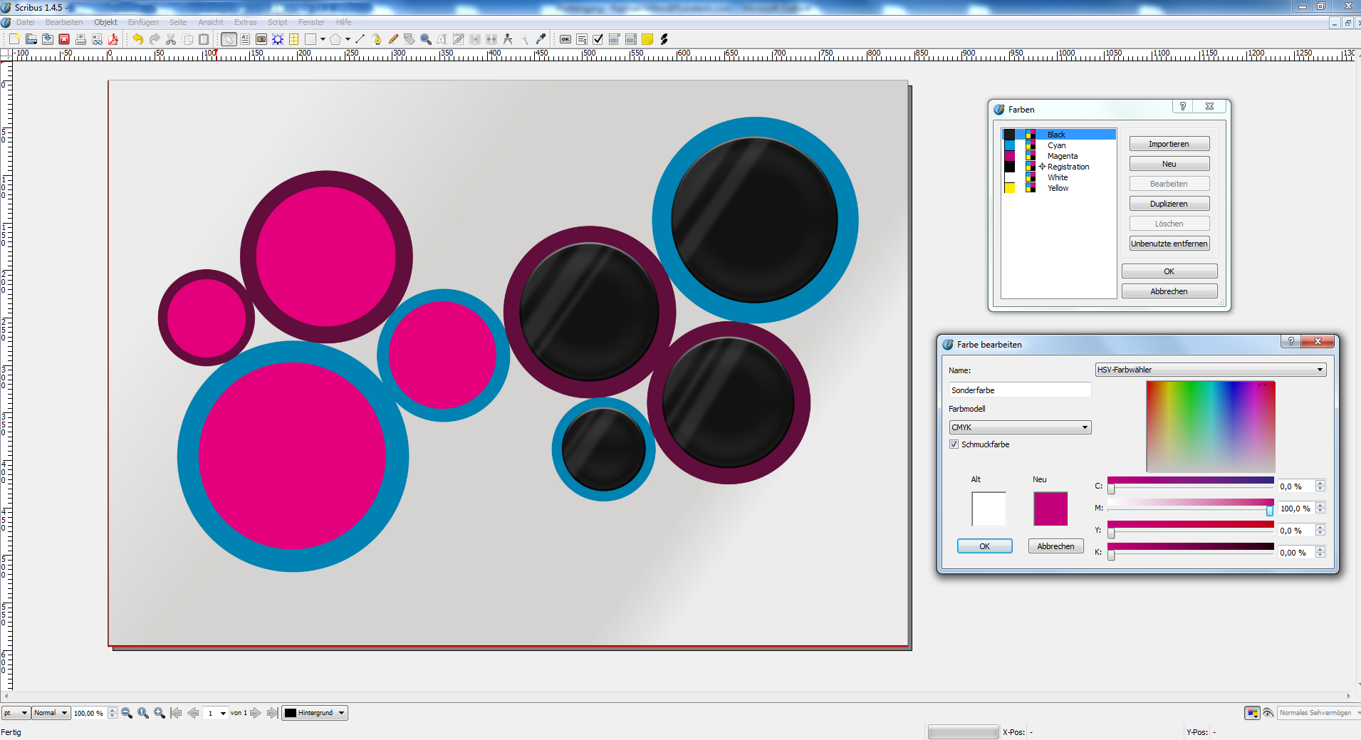 Screenshot: Sonderfarben anlegen in Scribus 1.4.5